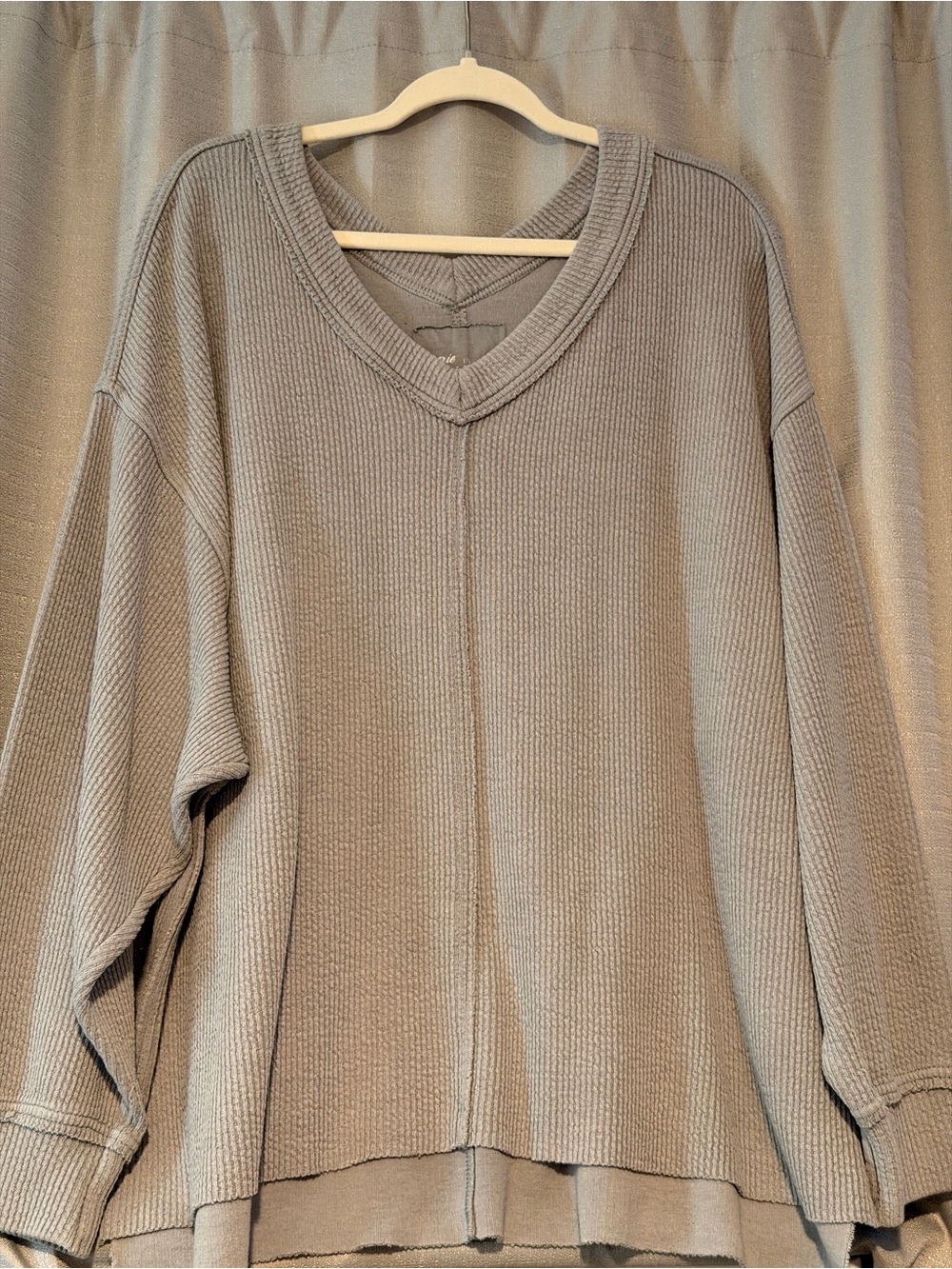 Aerie Waffle Knit Oversized V Neck Sweatshirt Gray Large Cozy Lounge Top